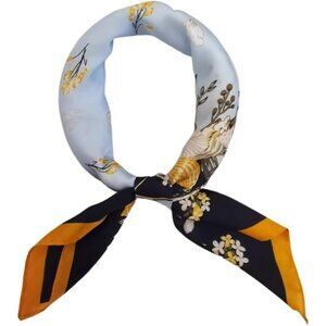 Silk Satin Flower Blue Head Scarf Medium Square Hair Scarf for Women 28 Inches